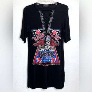 Prettylittlething Black Lace Up Cutout Front Tee Shirt Style Dress Sz. S #96